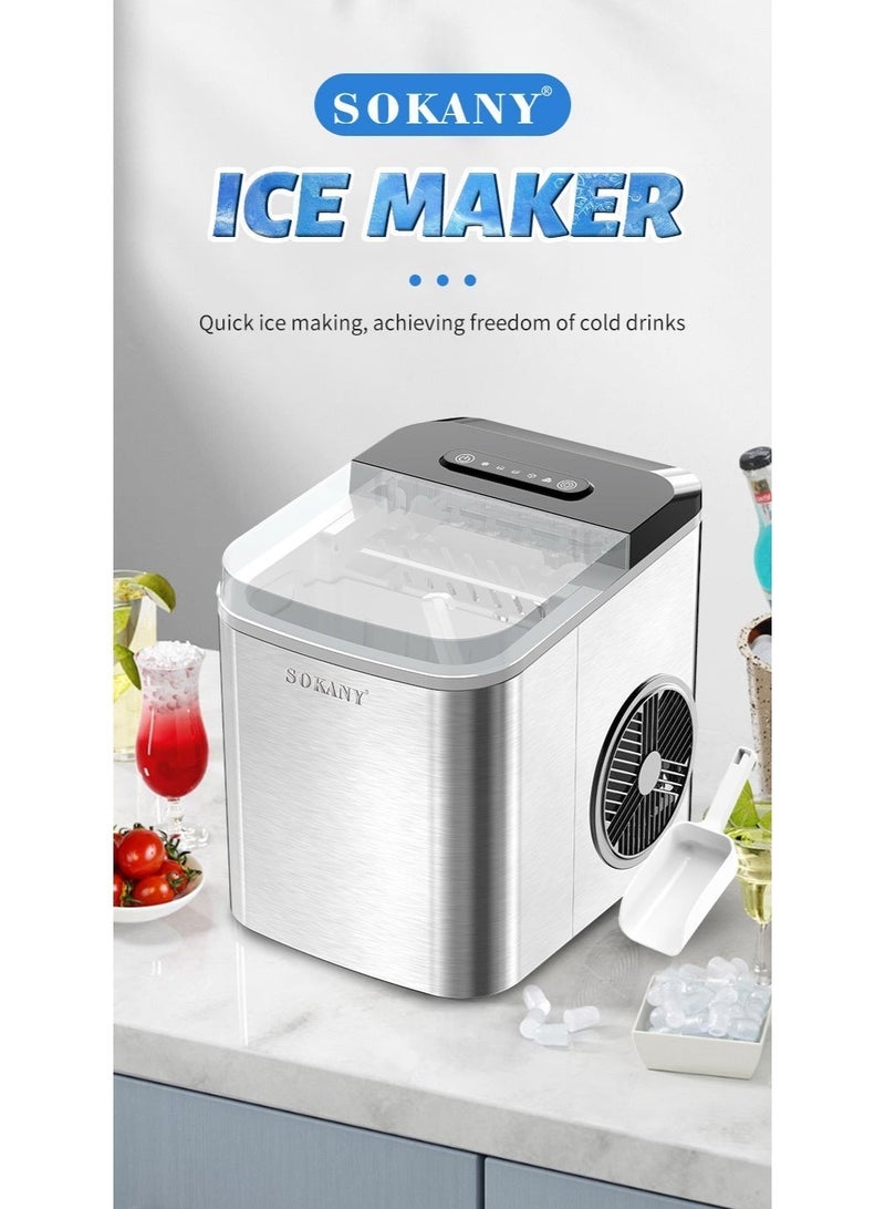 sokany Ice Maker Countertop with Handle, Self-Cleaning Ice Maker with Scoop and Basket, 9 Cubes in 6-9 Mins, Stainless Steel, 12Kg/24H, 1.3L Water Tank, 0.5L Ice Basket Capacity, Portable Small Ice Machine for Home kitchen Office Party, SK-03047 Silver - Image 1